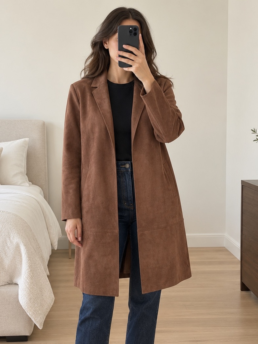 Tommy Hilfiger Scuba Suede Longline Open Front Topper Coat Brown Size M